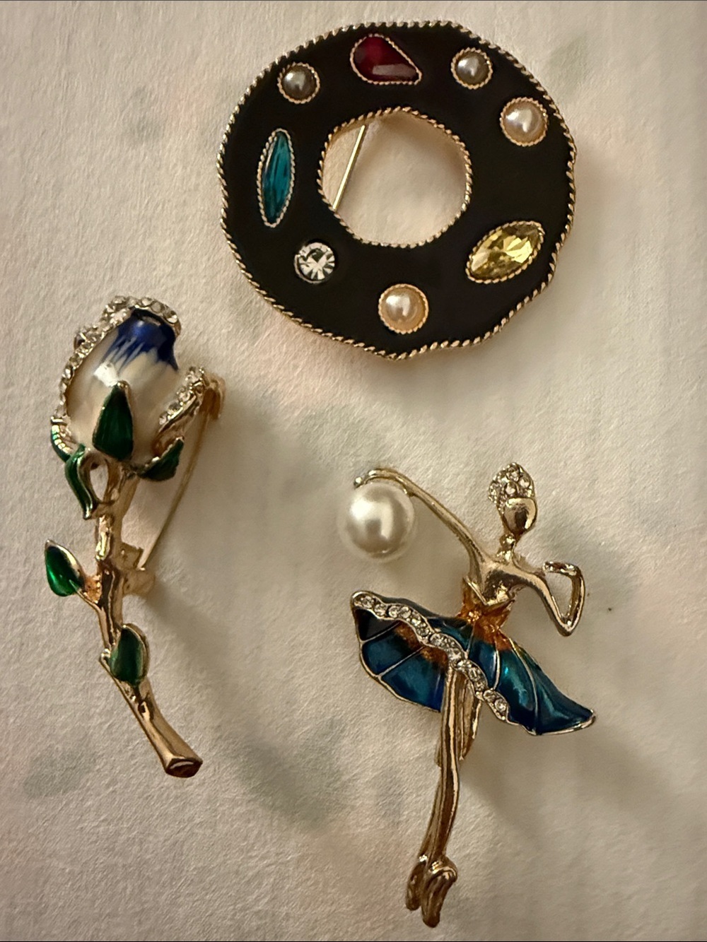 Bundle of three Gold-Tone Pearl Ballerina Brooch - Blue and Green Enamel